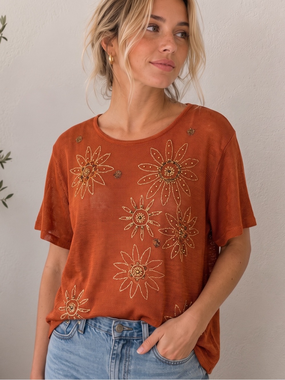 VINTAGE ALFRED DUNNER Beaded Floral Tee